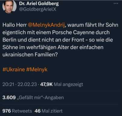 Andrij Melny, Andrij Melnyk Sohn nicht an der Front